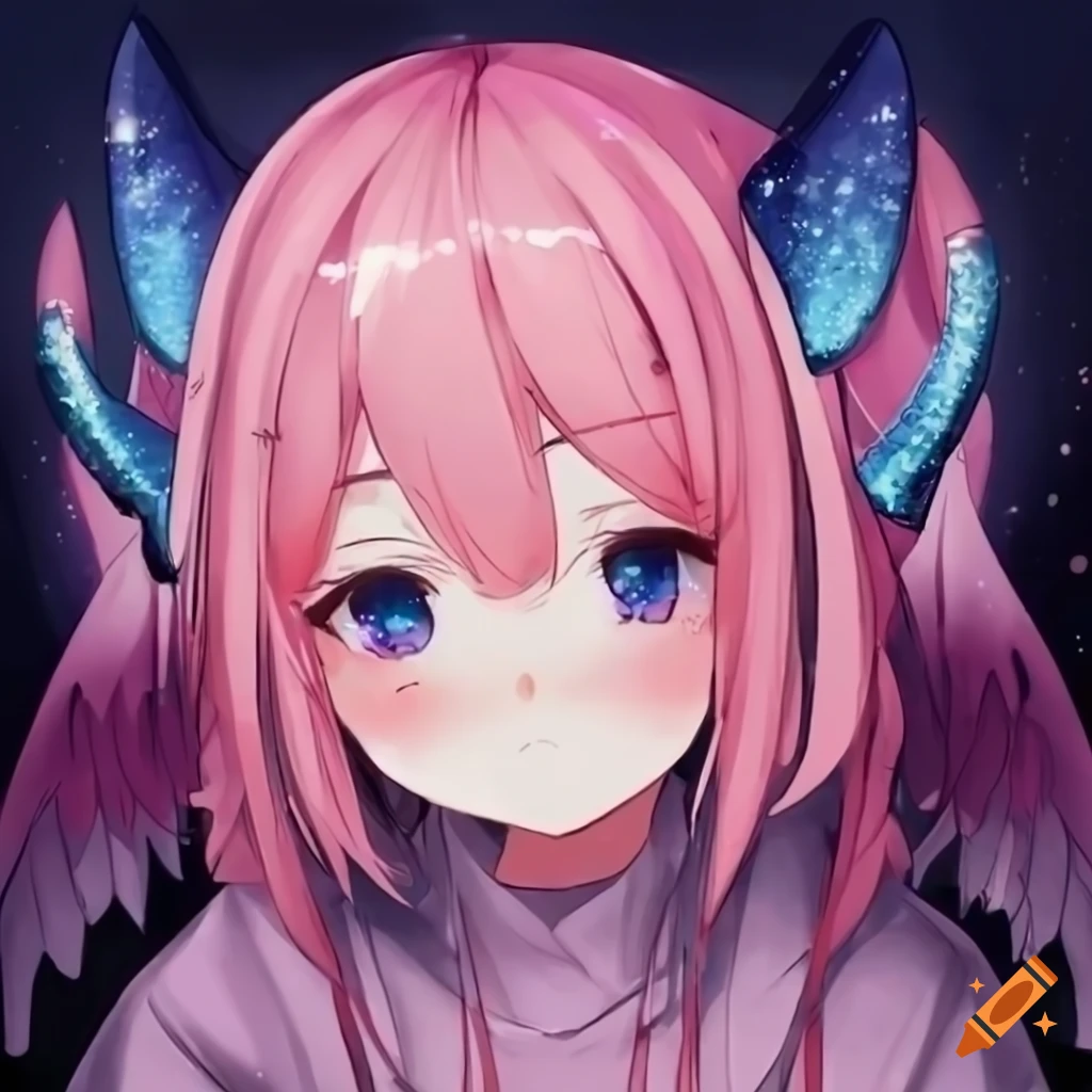 Cute Anime girl with demon horns and pink hair in galaxy setting