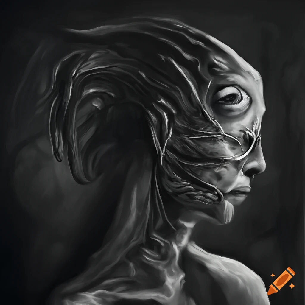 Biomechanical profile portrait oil painting of a pale female creature