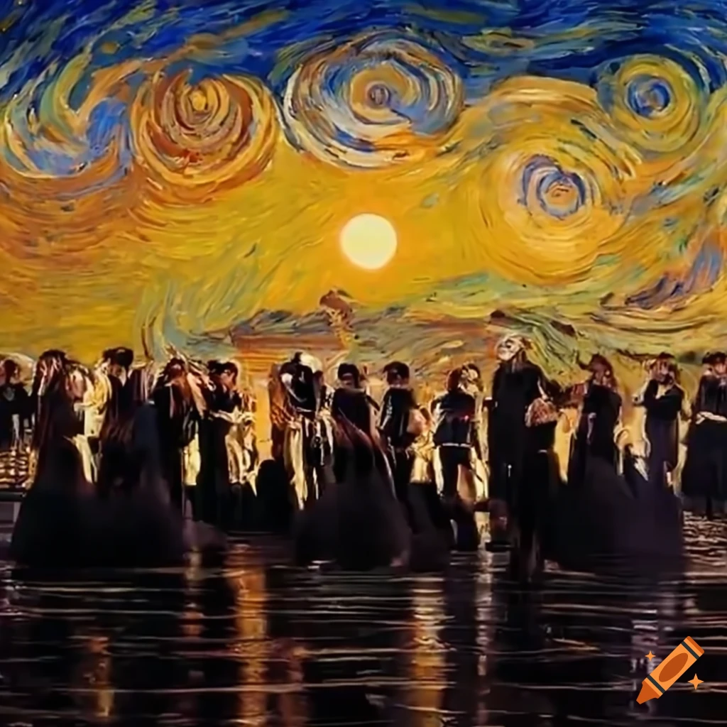 Choir performing under a beautiful sunrise in Van Gogh style