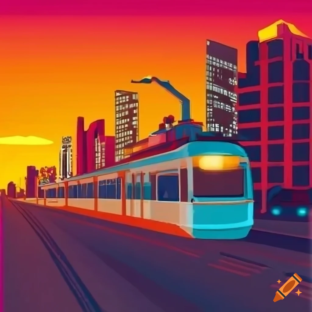 Bustling city scene with a moving train, cars, and people