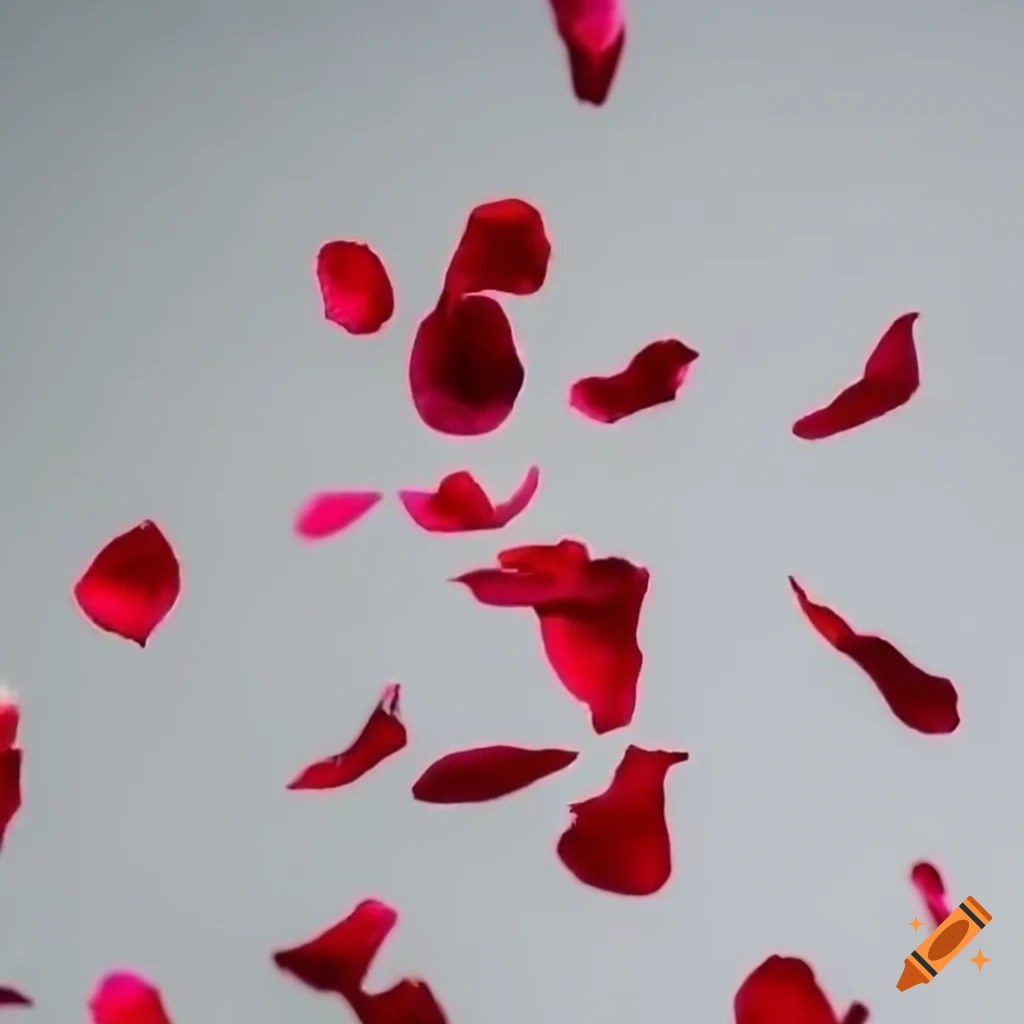 Red rose petals falling on white background with blurred effect