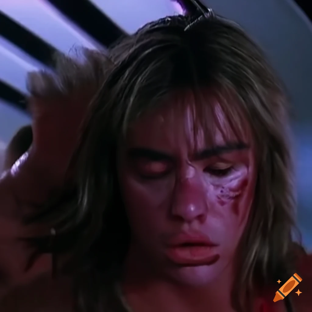 Expressive closeup of dizzied, sweat-drenched, disheveled, bloodied woman fighter