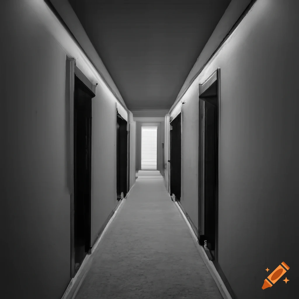 Dimly lit hallway with two openings on each side in almost pitch black