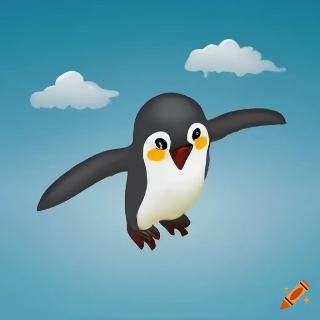 Cute penguin flying in the sky
