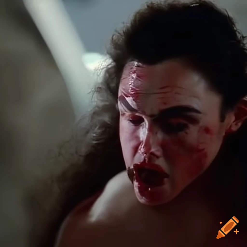 Closeup of disheveled and bruised fighter in an 80's movie scene