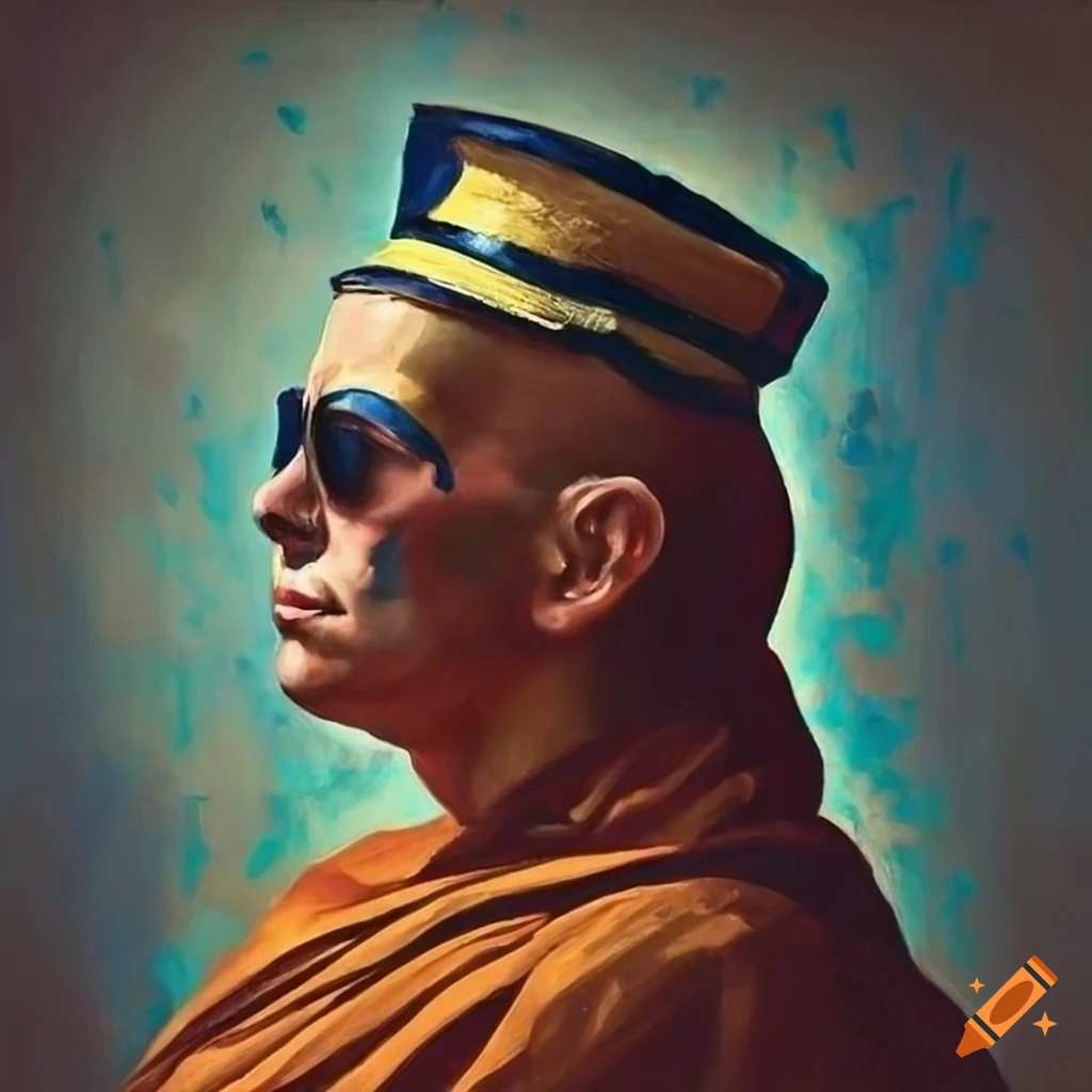 Portrait of a meditating monk in a sailor hat and sunglasses in Impressionist style