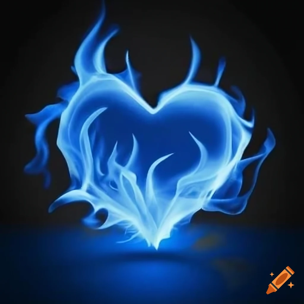 Blue heart on fire with blue flames