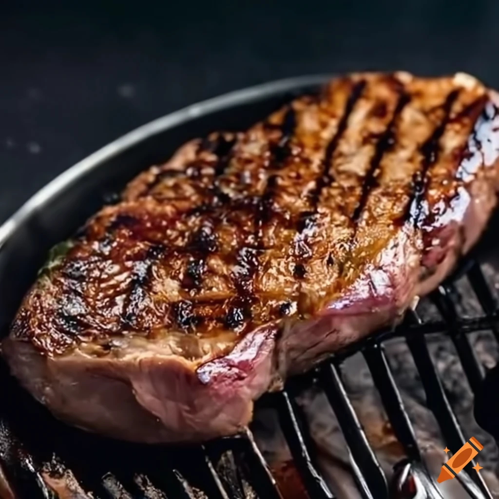 Juicy steak sizzling on the grill