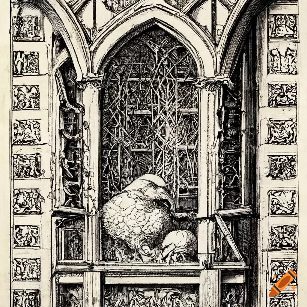 Kestrels building nest through medieval window in intricate etching engraving