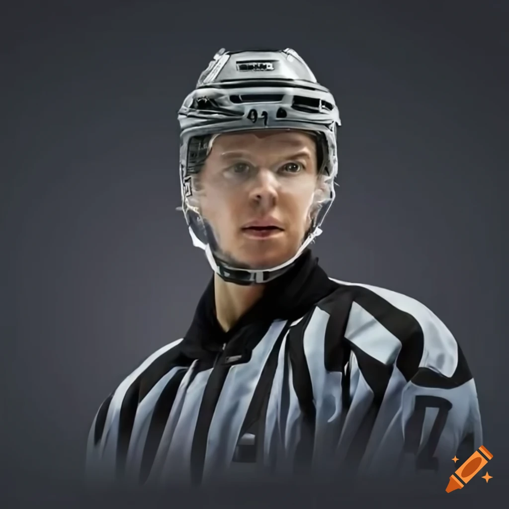 Ice hockey referee in all black uniform on the ice