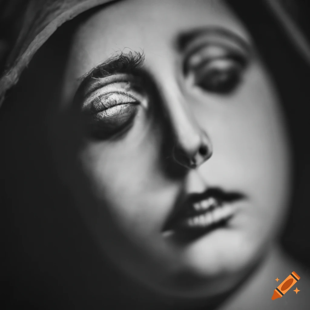 Close-up of a woman in religious ecstasy in an antique black-and-white photograph