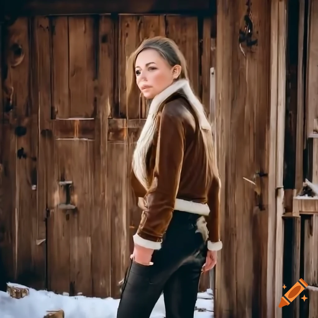Actress in aged brown sheepskin bomber jacket and high-waist black leather trousers standing in barn doorway