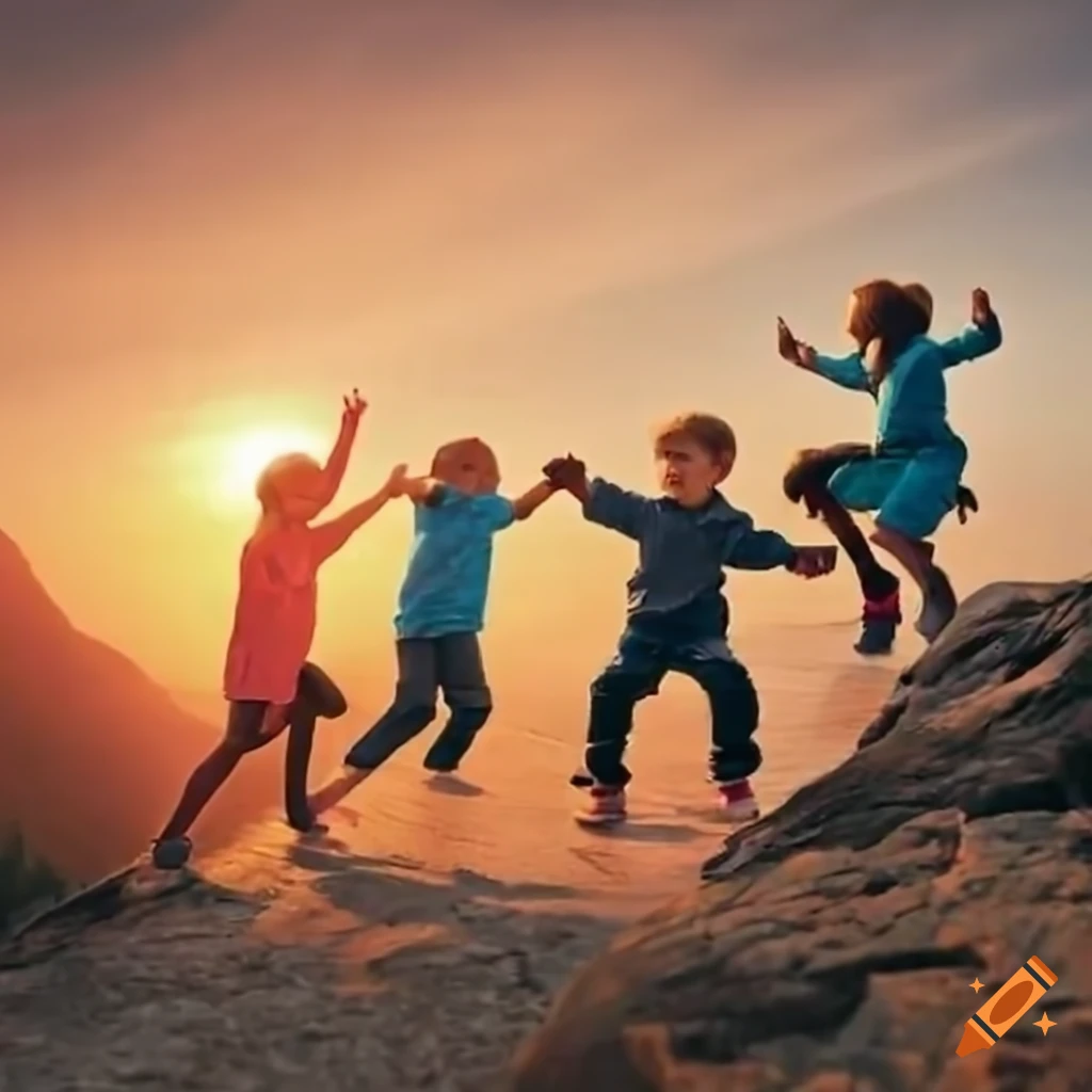 Four kids playing on a mountain
