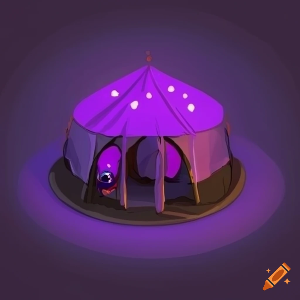 Isometric artwork of a round gray tent with a glowing purple stone above