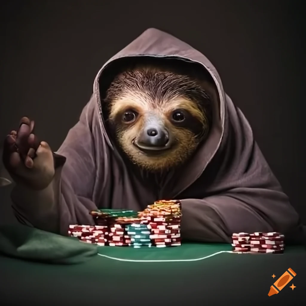 Sloth playing poker in a hoodie