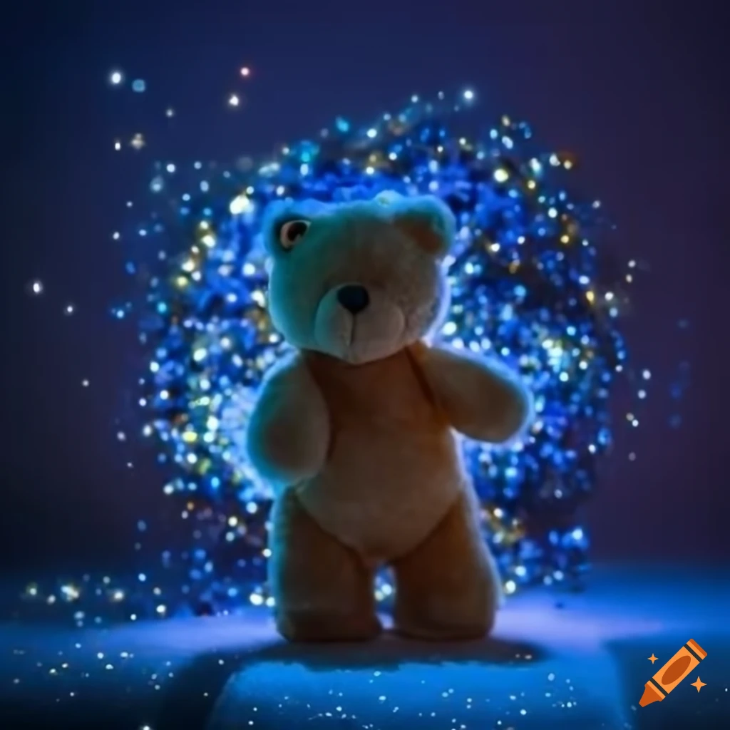 Plushie bear surrounded by golden glitter on a neon blue background