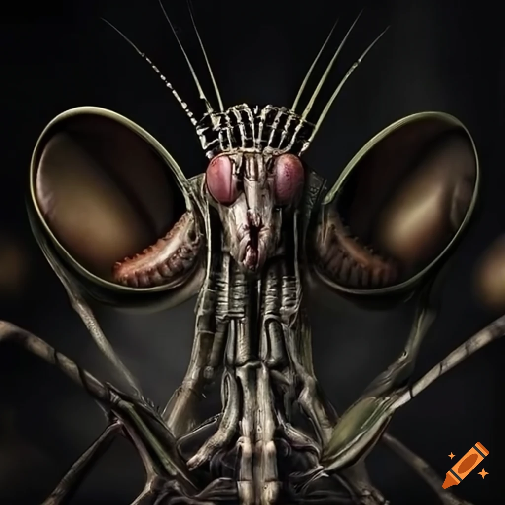 Surreal biomechanical praying mantis in urban landscape inspired by H.R. Giger