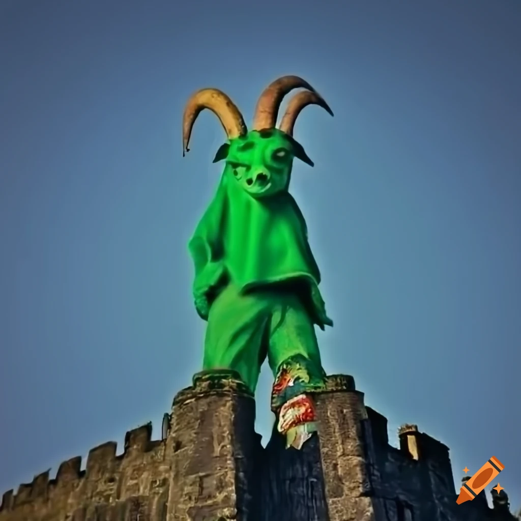Tall alien goat king standing on a castle in a jolly green giant attire