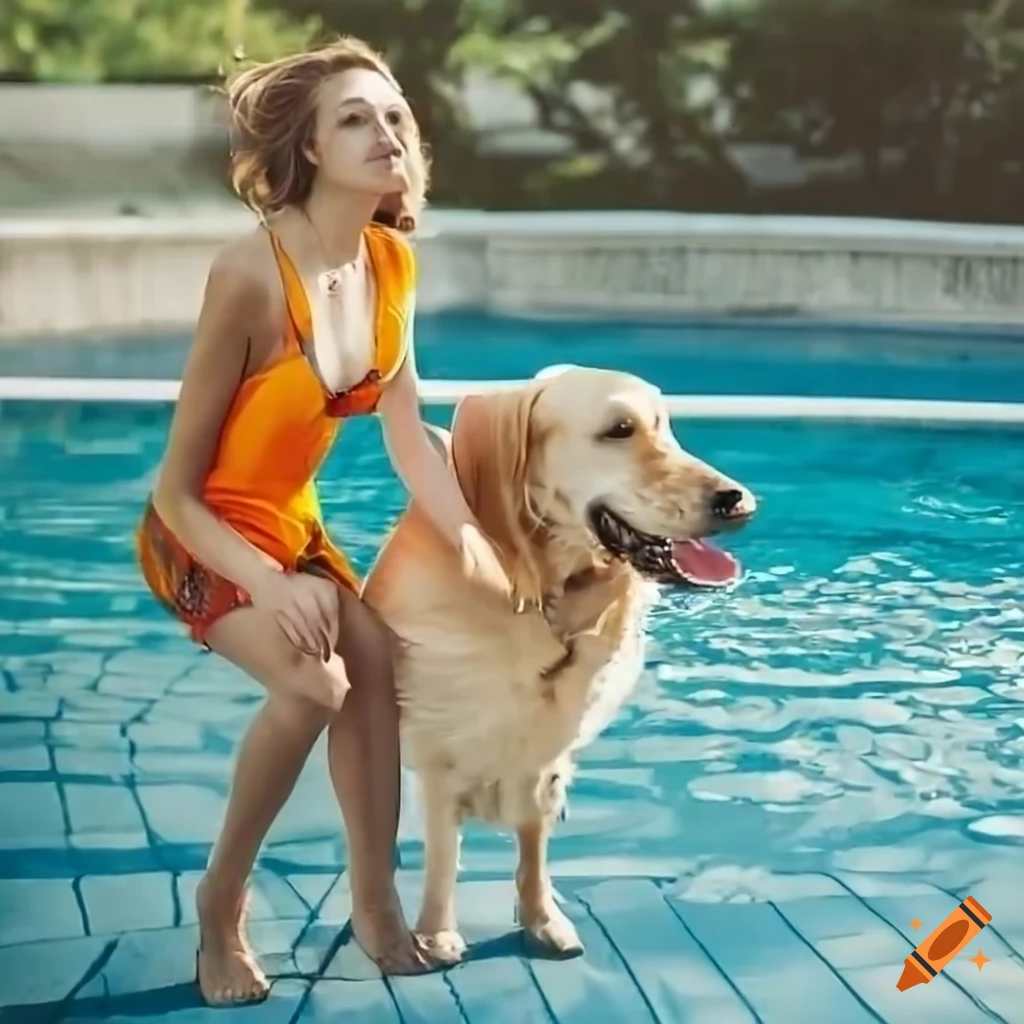 Young woman enjoying a sunny day with a golden retriever by the pool