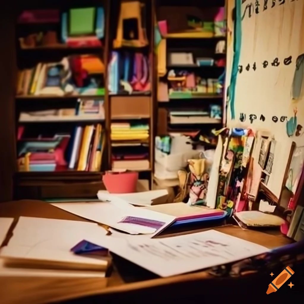 Disney-style cluttered teacher's desk with papers and grade reports