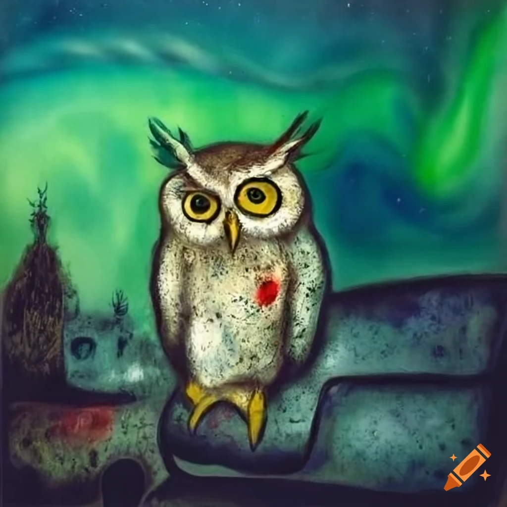 Owl on green sofa with northern lights in Marc Chagall style