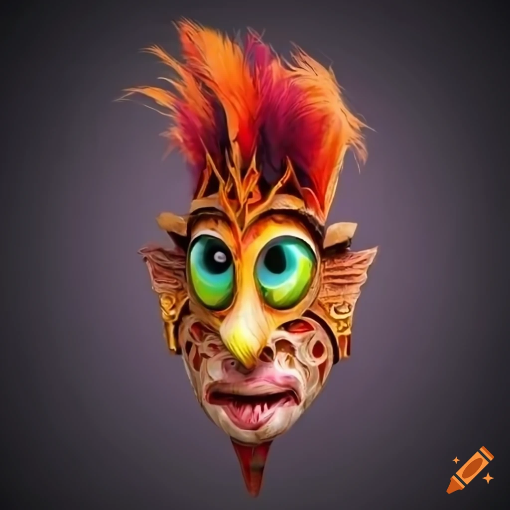 Vibrant Sumerian wooden mask with feather crown and intricate details