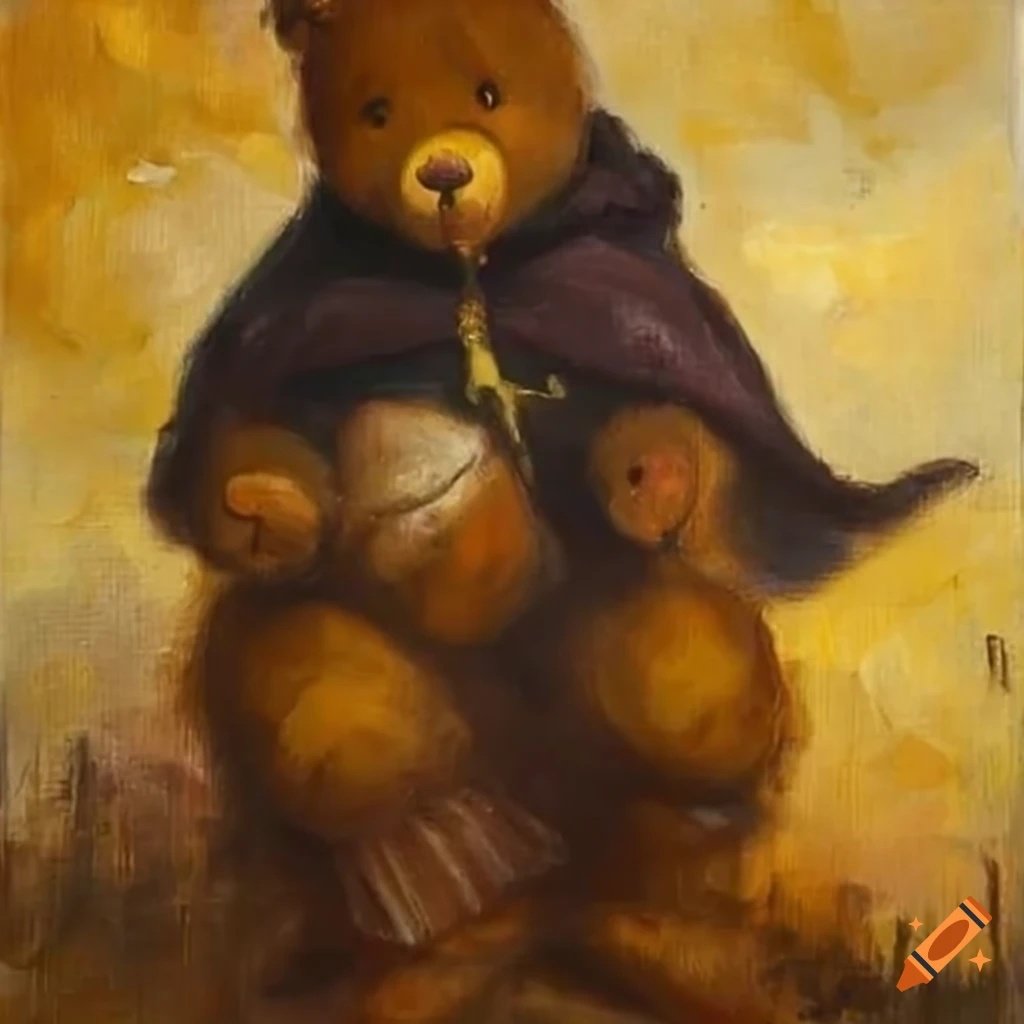 Teddy bear wizard flying on a broomstick with a cape and hat