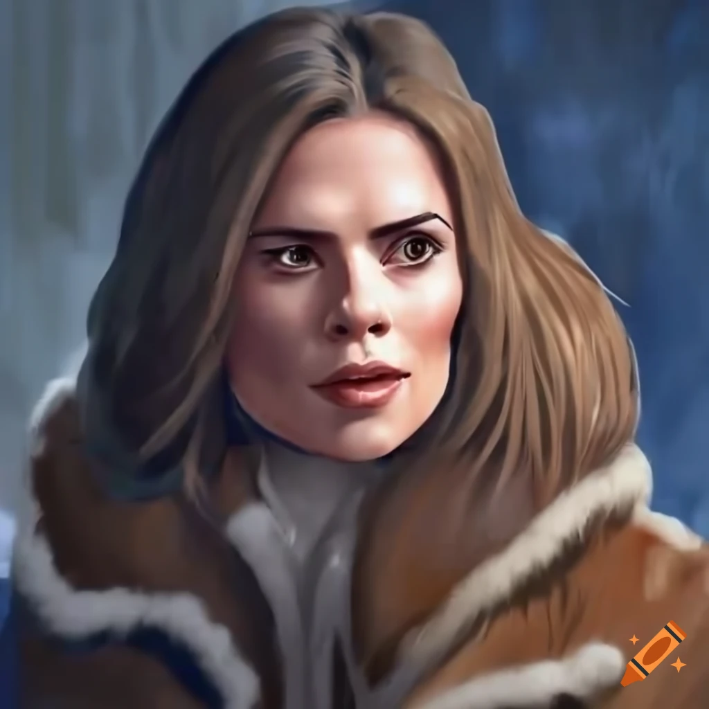 High angle view of a woman in a sheepskin bomber jacket and black leather trousers standing in a barn doorway
