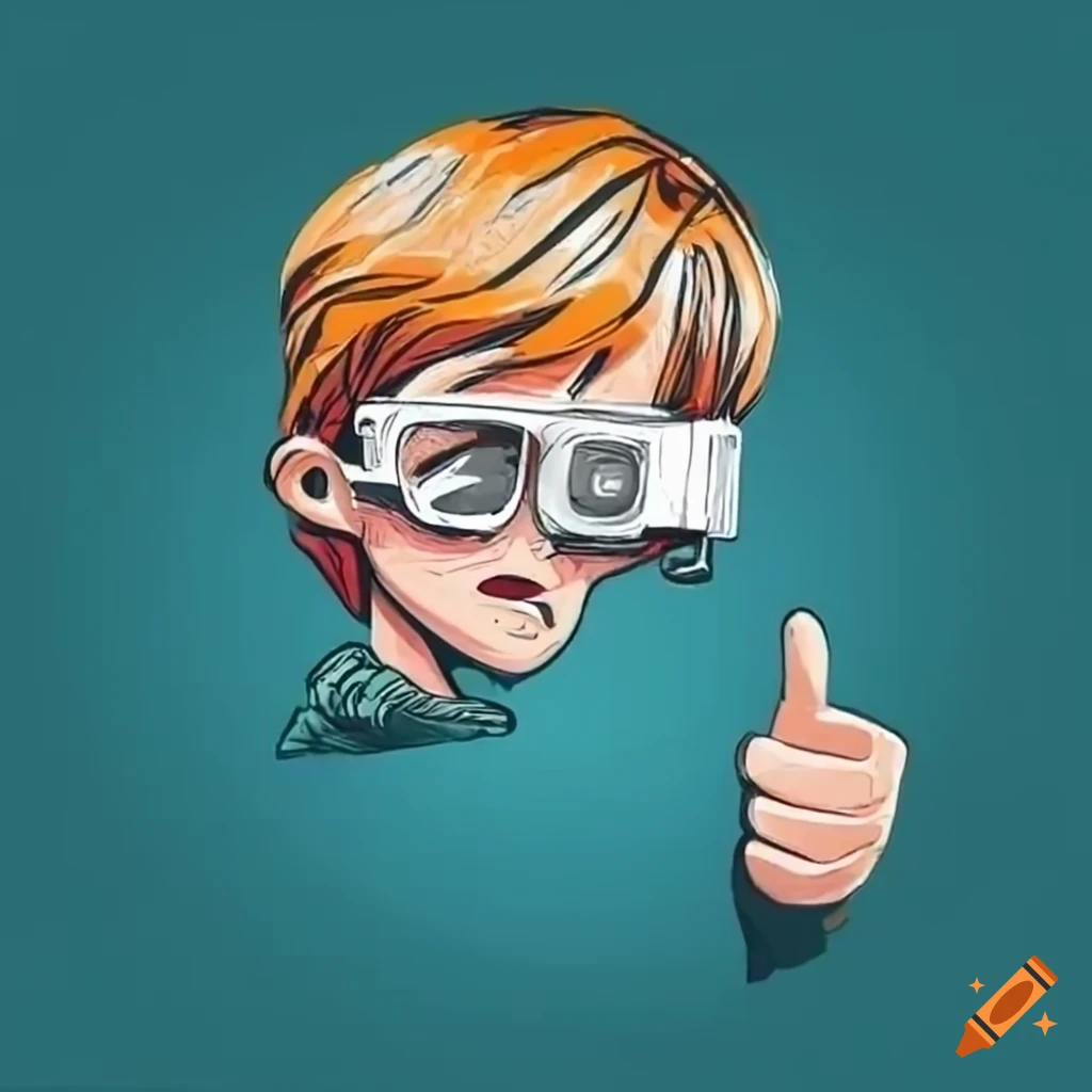 Object bouncing off funny boy's safety goggles with thumb up in graffiti style