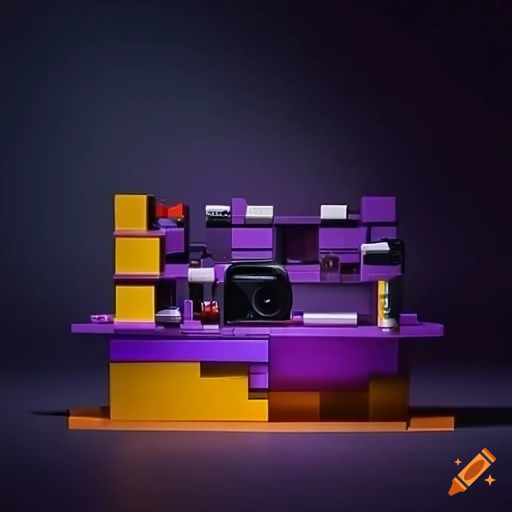 LEGO-style post-production studio setup with cameras and film reels in purple colors