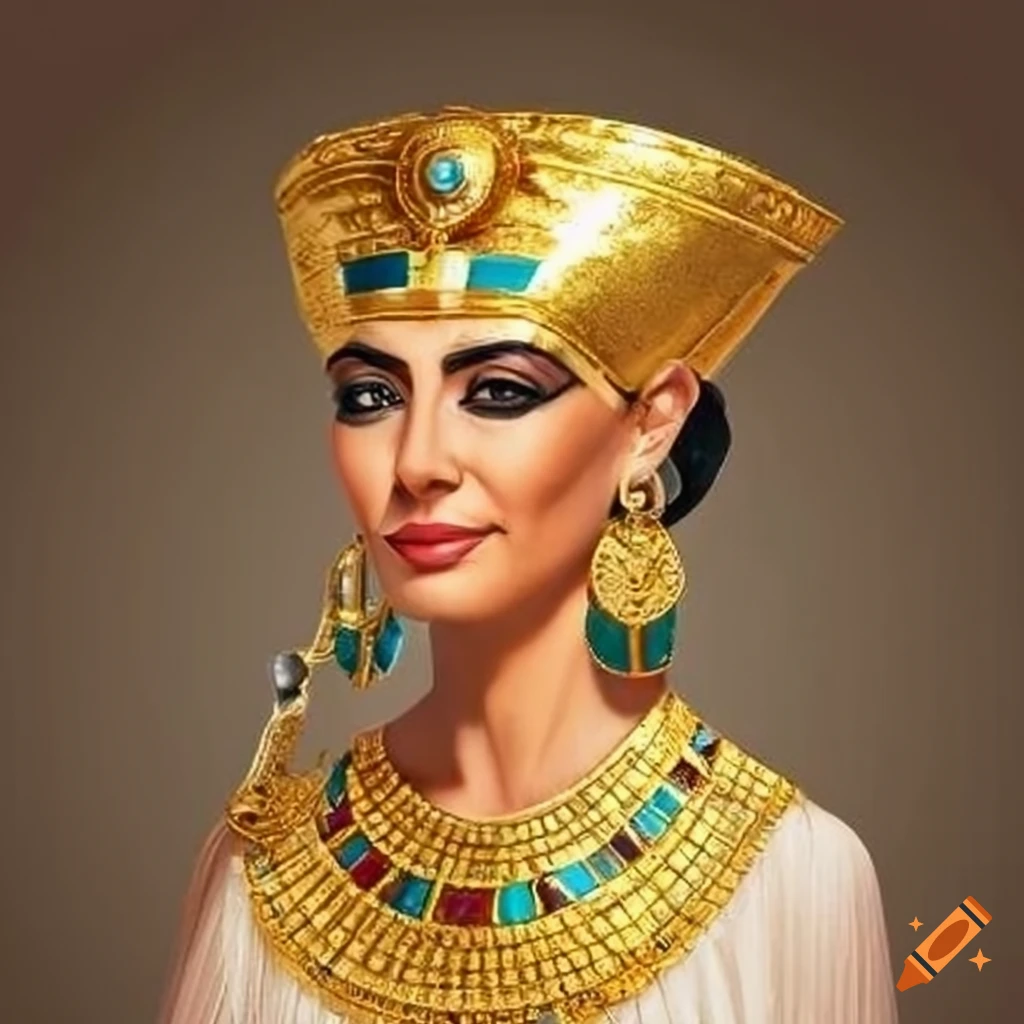 Cleopatra in ancient Egyptian attire with gold jewelry and a scepter