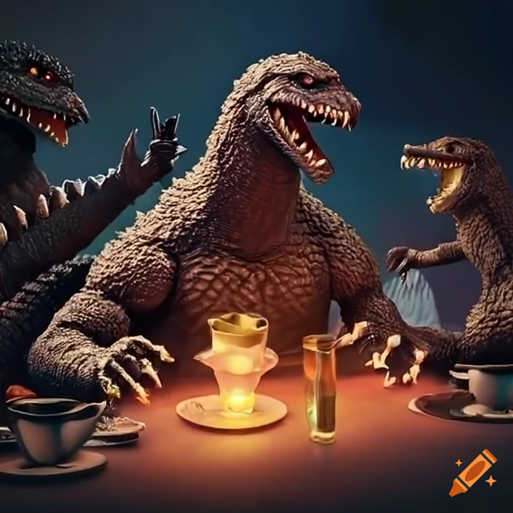 Group of Godzilla characters having a tea party in an imaginative scene