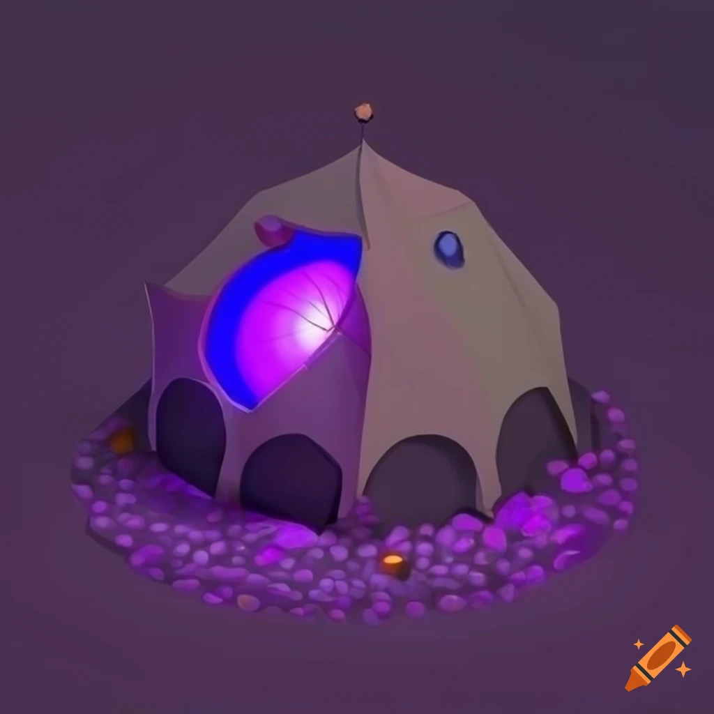 Isometric view of a round gray tent with a glowing purple stone