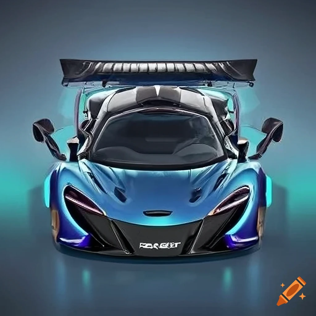 High definition digital artwork of a medium and navy blue McLaren race car with distinctive design, on a dark navy blue background