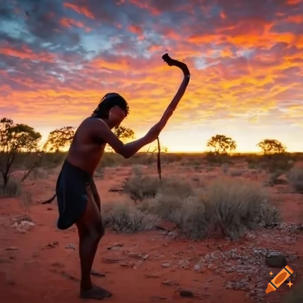 Indigenous musician playing didgeridoo under vibrant Australian outback sunset