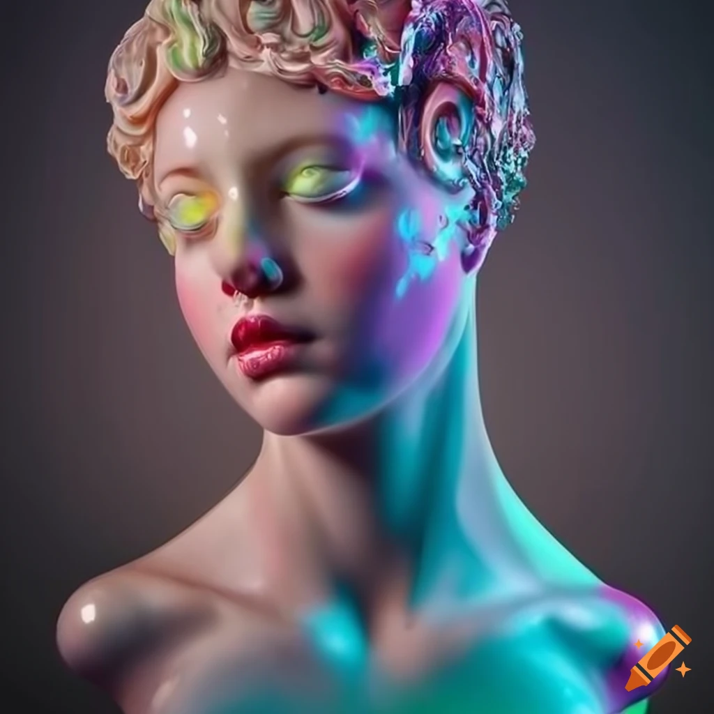 Sculpted marble figures with intricate details and vivid colors under cinematic lighting