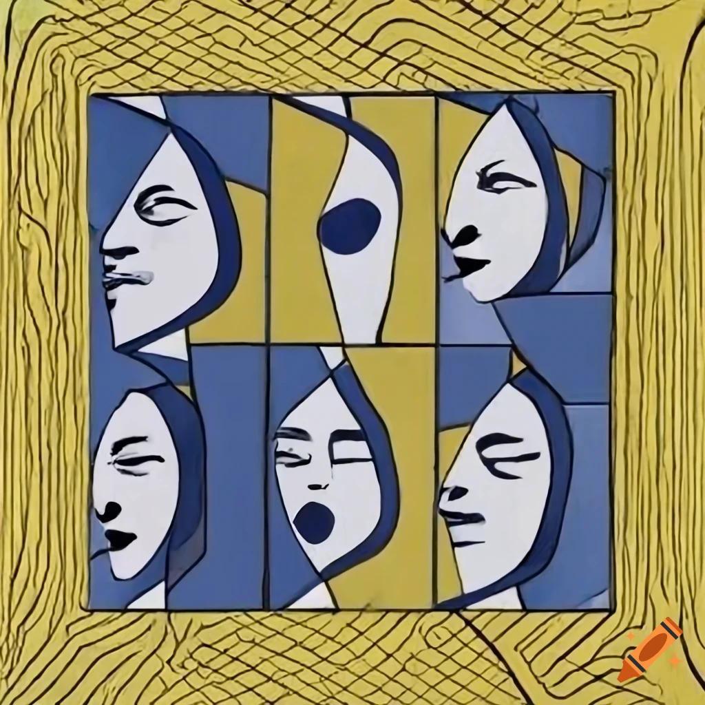 Collage of five singing faces in cubist abstract style with monochromatic colors