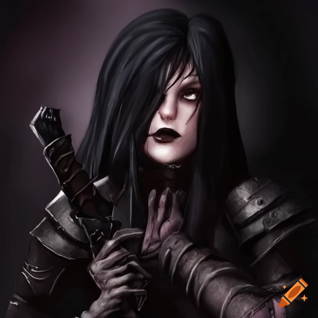 Gothic female rogue with daggers and skull chestplate