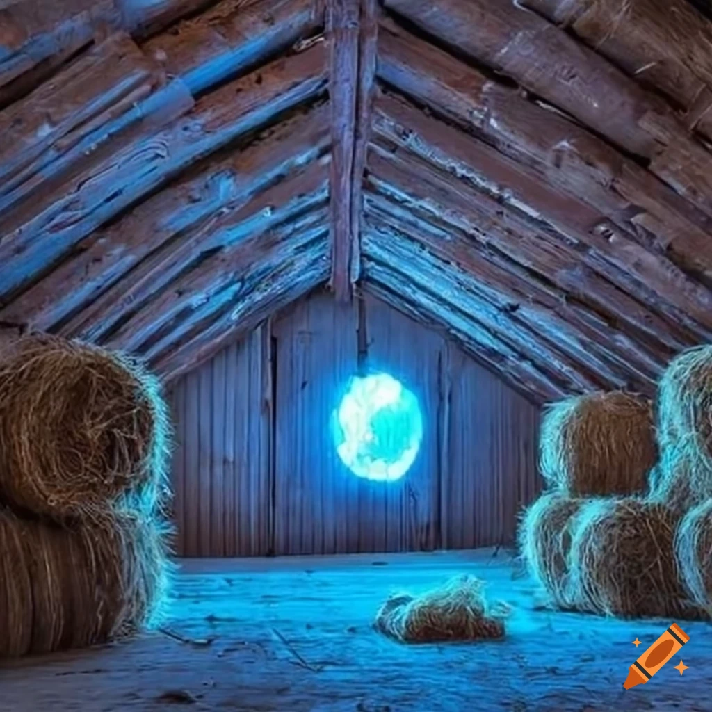 Magical miniature cow in an old barn surrounded by hay bales