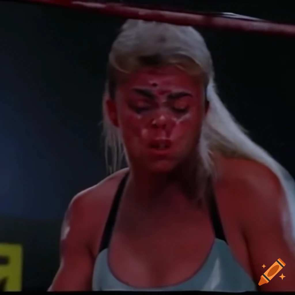 Expressive closeup of a dizzied, sweat-drenched, and bruised female fighter