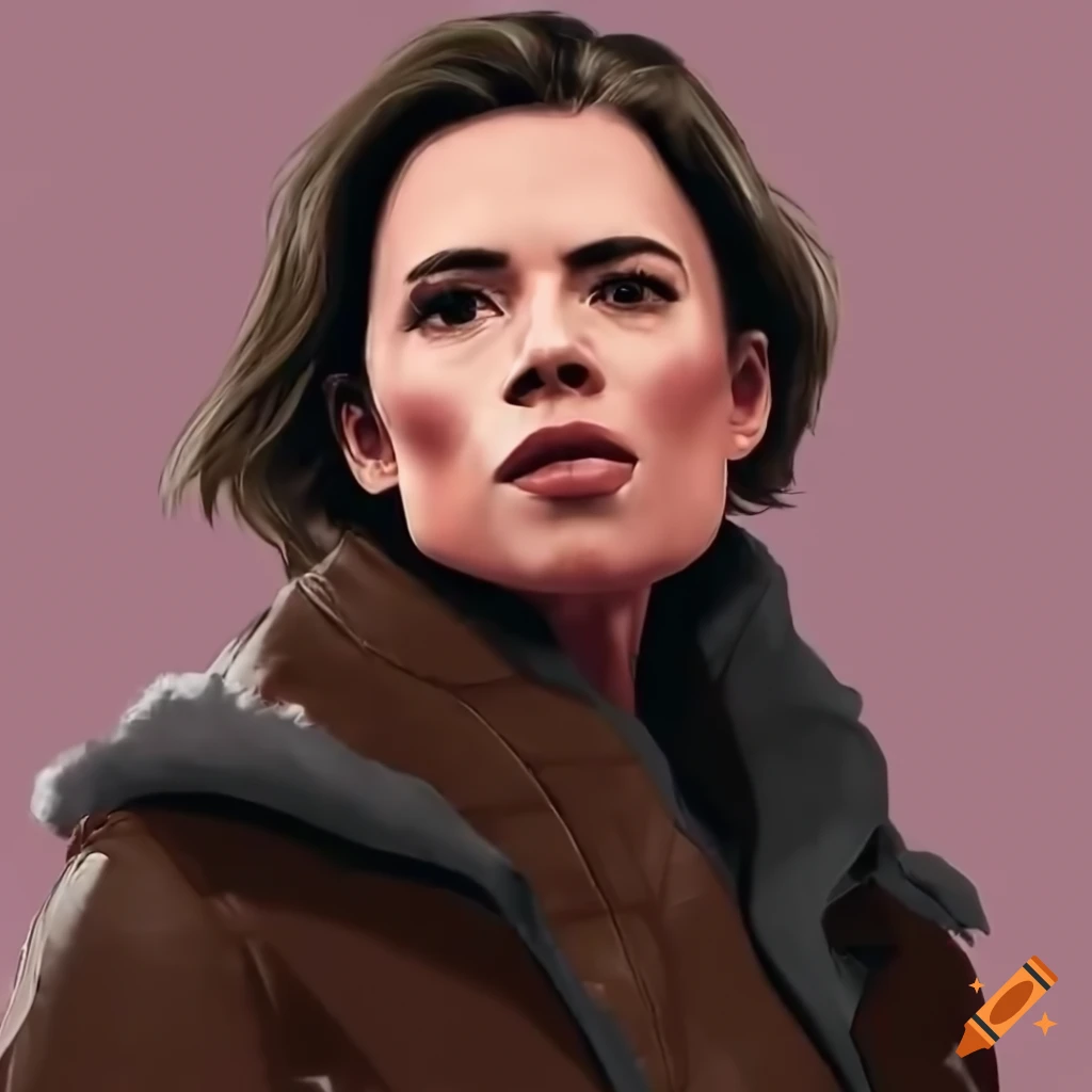 High angle view of a woman in a sheepskin bomber jacket and black leather trousers standing in a barn doorway