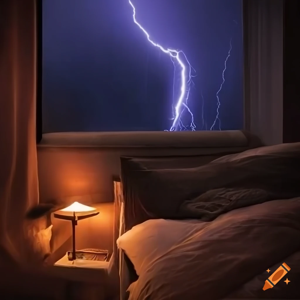 Cozy bedroom with comfy bed during a thunderstorm at night