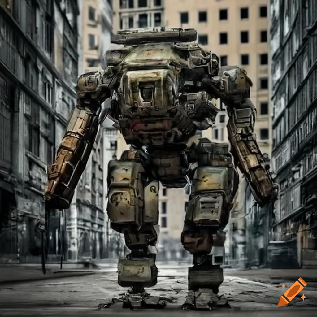 Realistic mech-warrior exploring a damaged urban landscape inspired by H.R. Giger