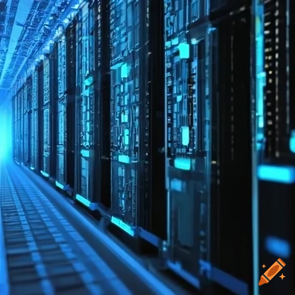 Realistic data center in black and blue without people