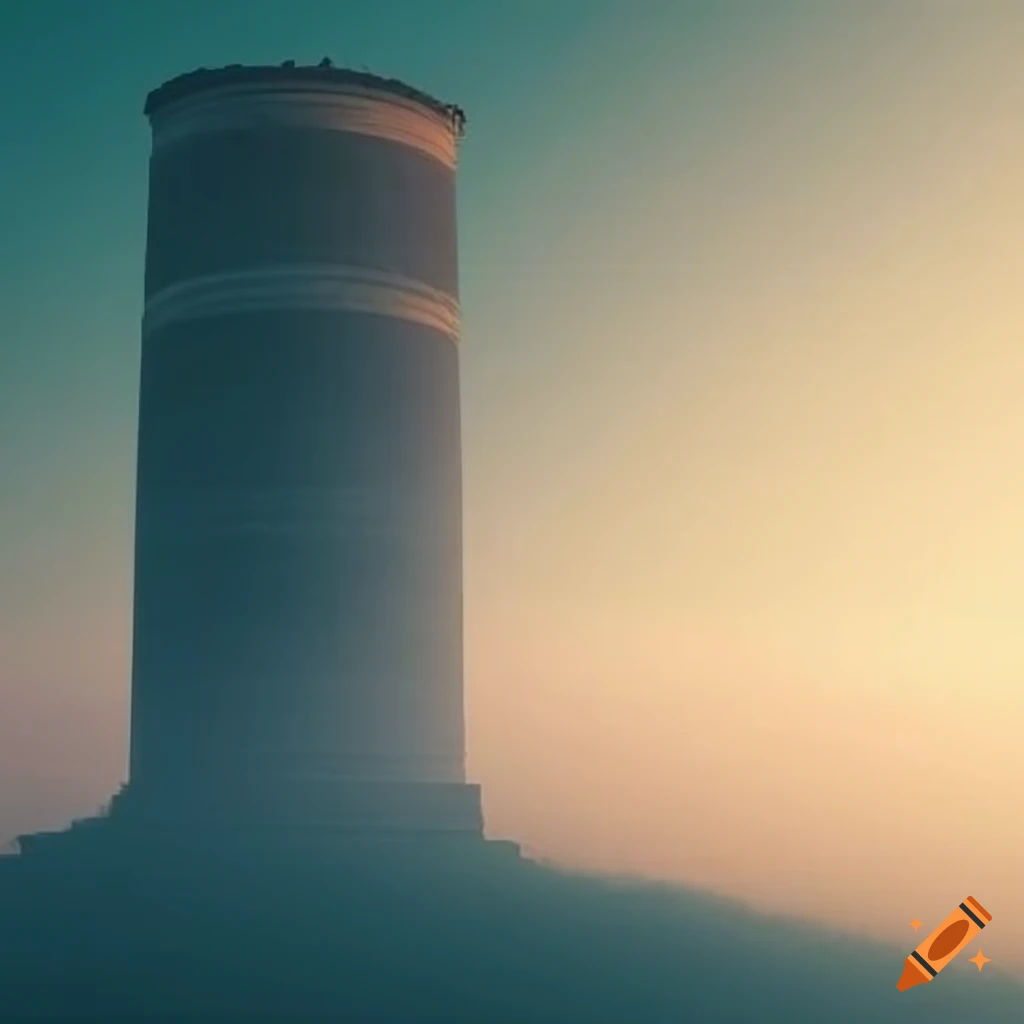 Tall grey tower emerging from mist on a rocky mesa