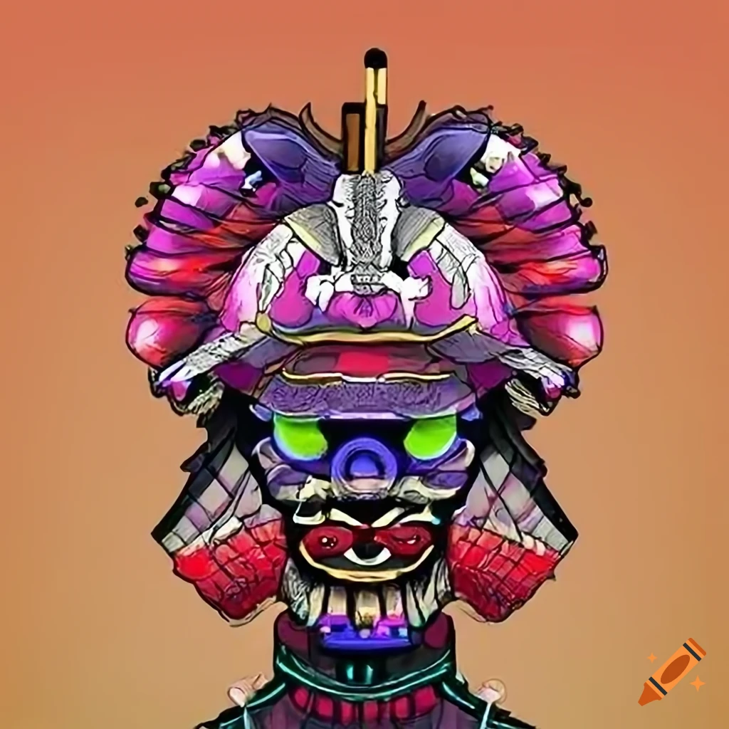 NFT digital art of a samurai apple with manga-style eyes and vibrant multicolored skin