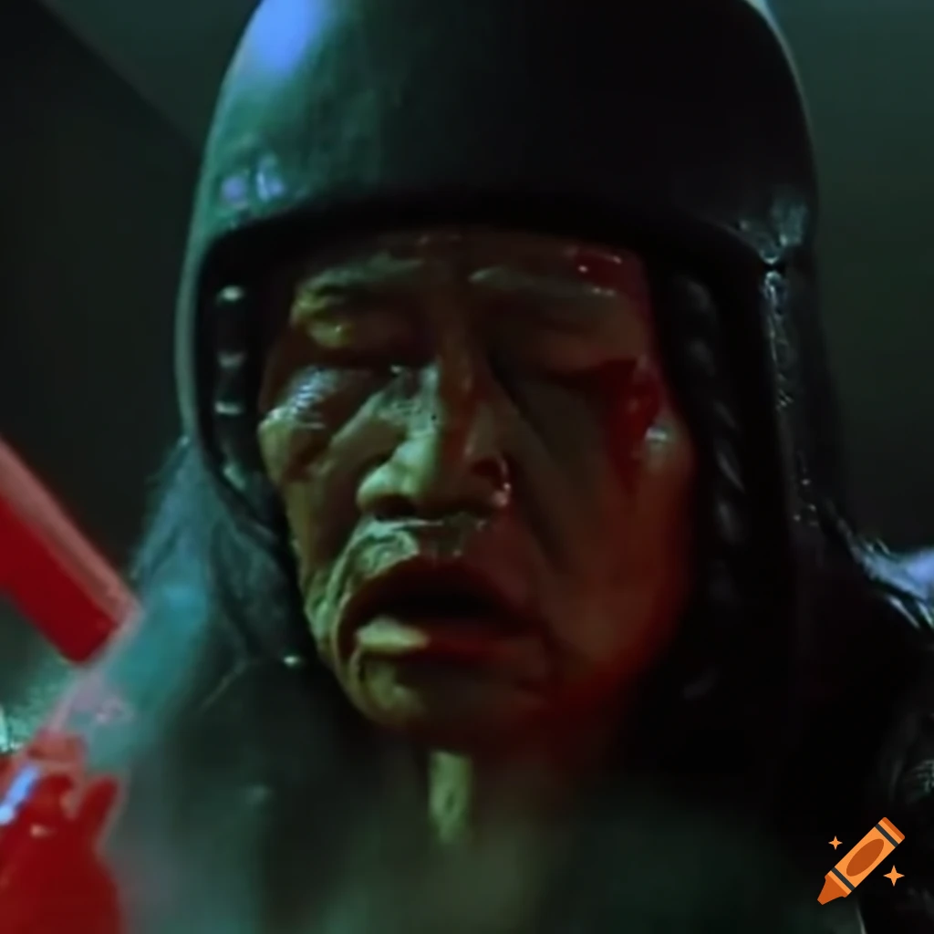 Closeup of elderly Asian woman fighter in an 80's movie scene