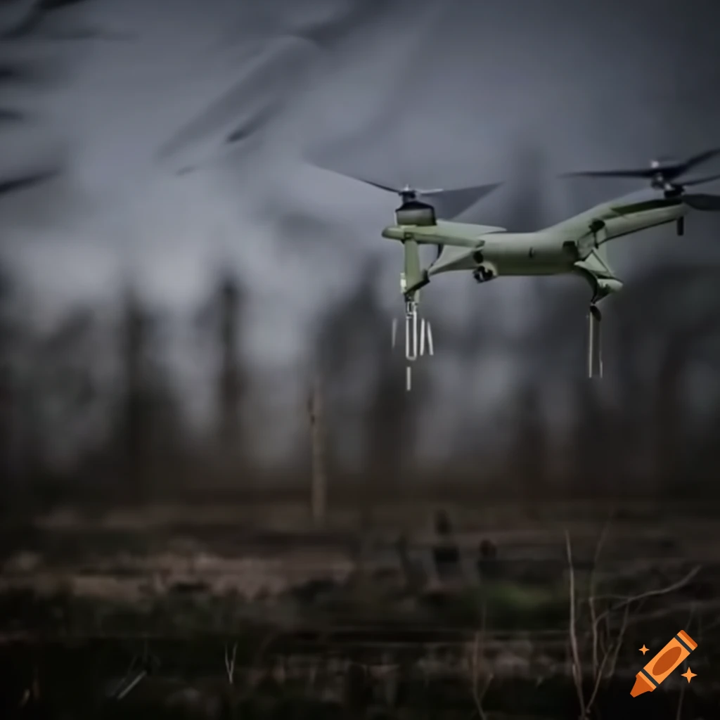 Coordinated drone swarms in land, sea, air, and space domains performing battle tactics