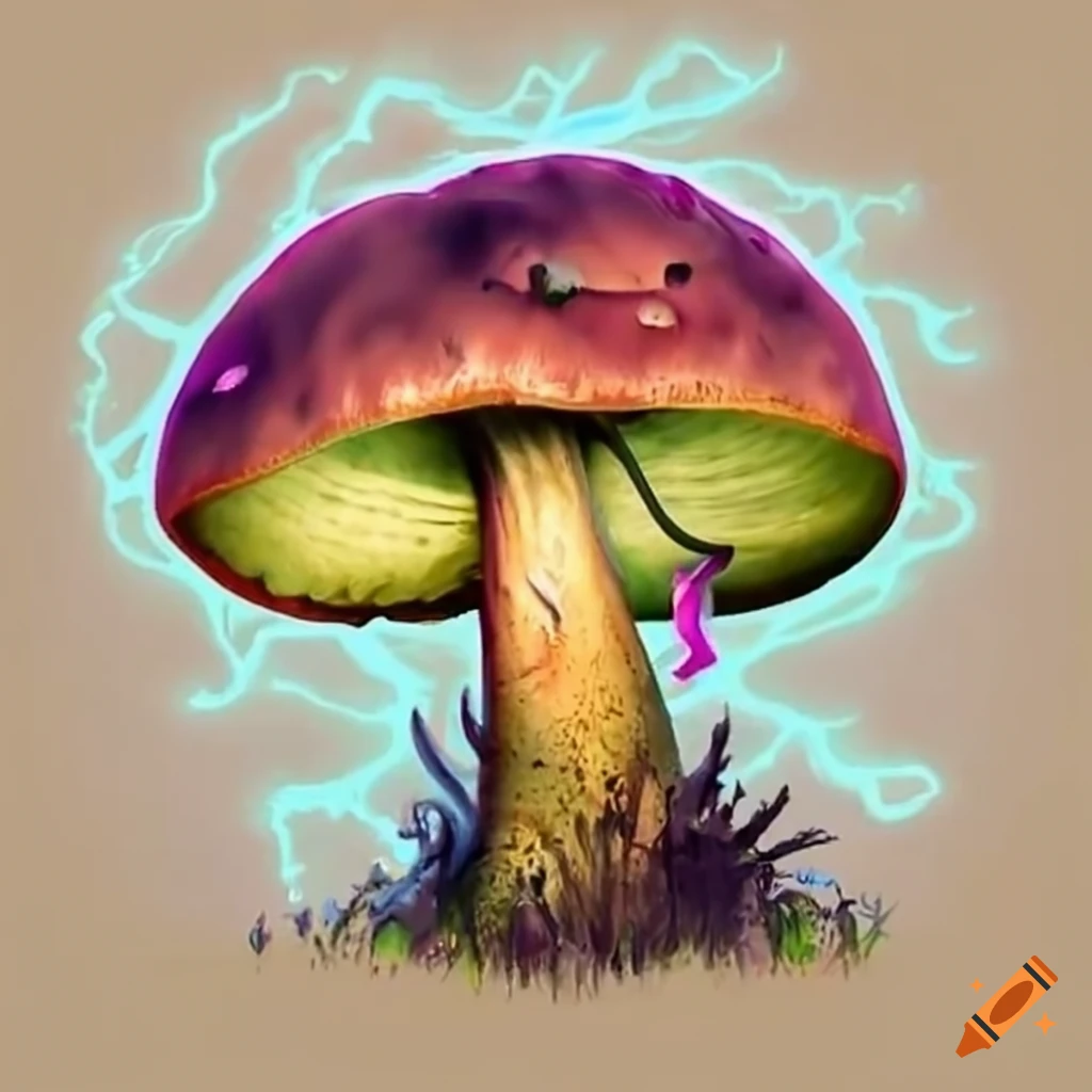 Bolete fungus magician casting a lightning spell with big eyes