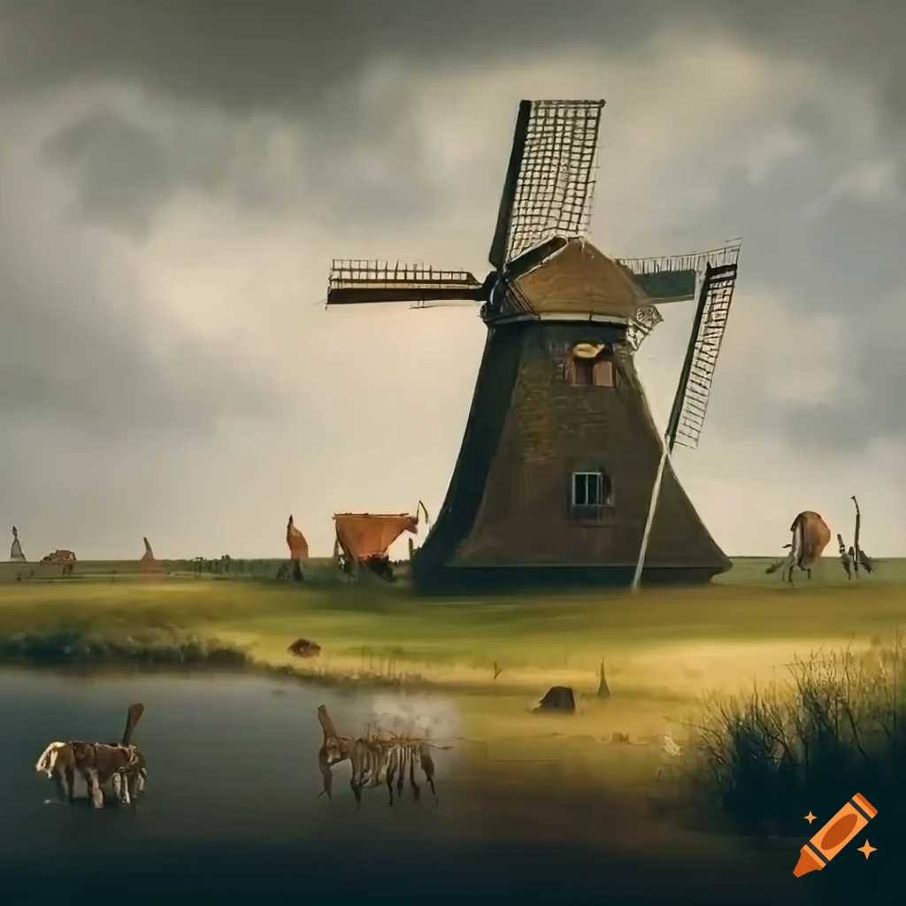 Dutch landscape with grey sky, cows grazing, and windmill in the distance